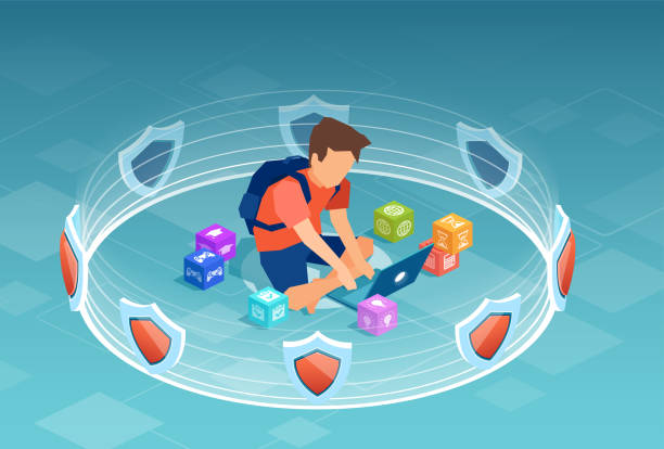 Vector of a boy, student using laptop computer surrounded by 3d shields, software protection